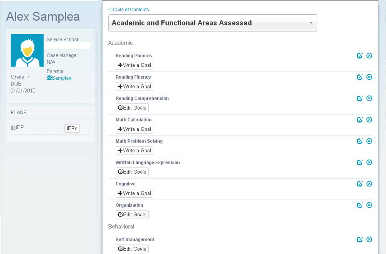 Academic and Functional Areas Assessed